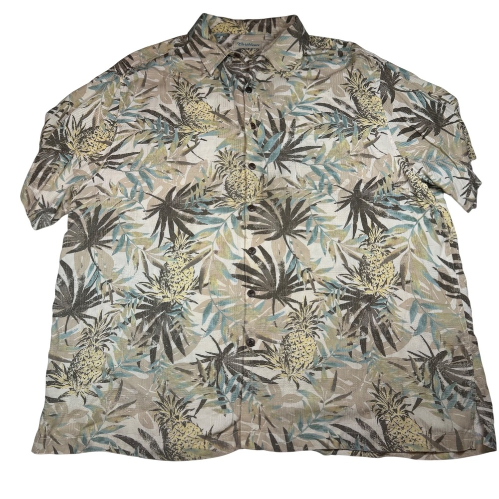 Caribbean Mens 2XB Pineapple Palm Leaf Rayon Short Sleeve Button Down Shirt Tan